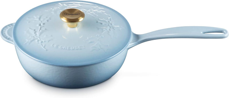 Le Creuset 2 1/4 Qt. Enameled Cast Iron Saucier w/Holly Embossed Lid & Gold Knob - Coastal Blue