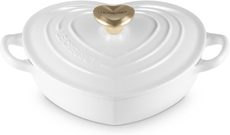 Le Creuset 1 1/4 Qt. Shallow Heart Cocotte w/Light Gold Heart Knob - White