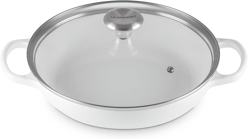 Le Creuset 2 1/4 Qt. Enameled Cast Iron Signature Round Braiser w/Glass Lid & Stainless Steel Knob - White