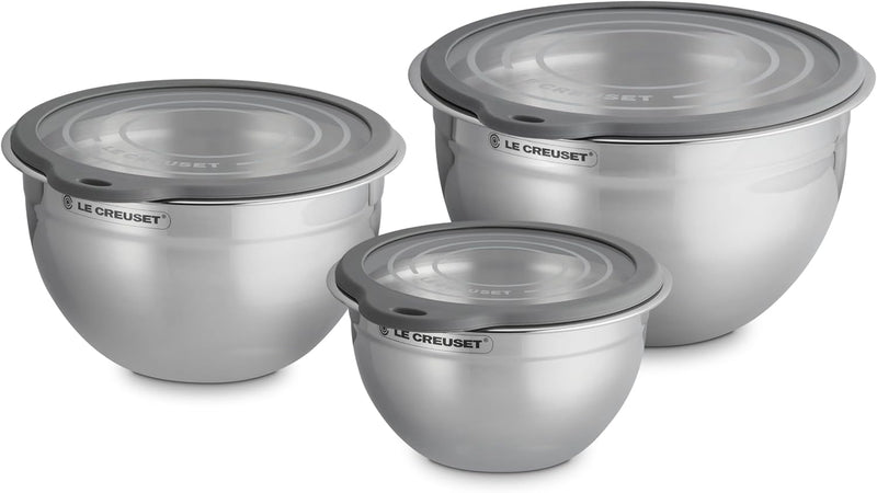 Le Creuset Set of 3 - Stainless Steel Mixing Bowls w/Glass Lids