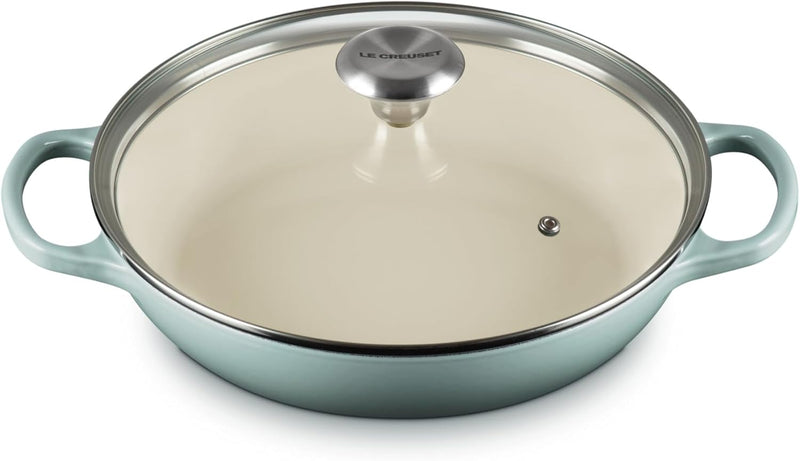 Le Creuset 2 1/4 Qt. Enameled Cast Iron Signature Round Braiser w/Glass Lid & Stainless Steel Knob - Sea Salt