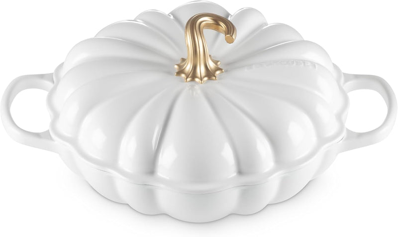Le Creuset 2 3/4 Qt. Signature Enameled Cast Iron Figural Pumpkin Braiser w/Gold Knob - White