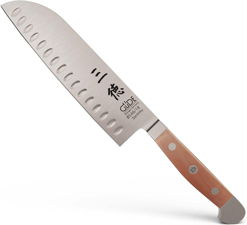 Güde Alpha Pear Series - 7" Forged Double Bolster Hollow Edge Santoku Knife, Luxury Pear Wood Handle