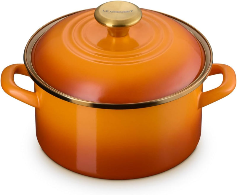 Le Creuset 3.8 Qt. Traditional Petite Stockpot w/Gold Accents - Persimmon