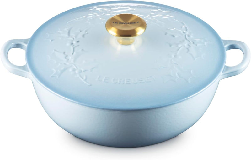 Le Creuset 4 1/2 Qt. Enameled Cast Iron Round Chef's Oven w/Holly Embossed Lid & Gold Knob - Coastal Blue