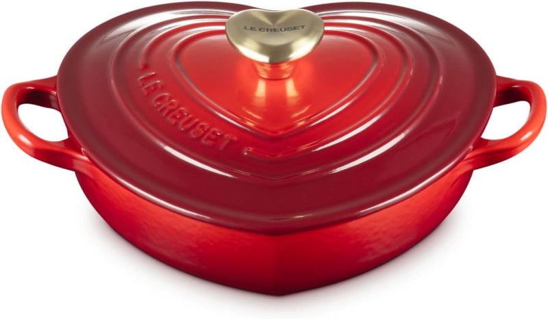 Le Creuset 1 1/4 Qt. Shallow Heart Cocotte w/Light Gold Heart Knob - Cerise