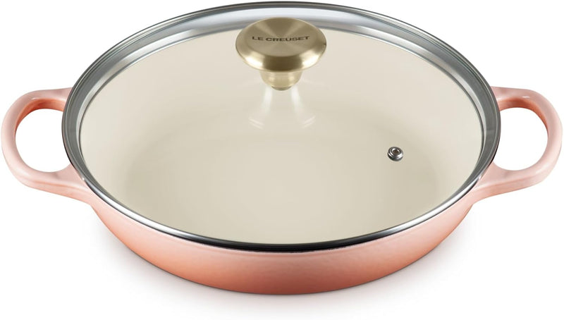Le Creuset 2 1/4 Qt. Enameled Cast Iron Signature Round Braiser w/Glass Lid & Light Gold Knob - Peche