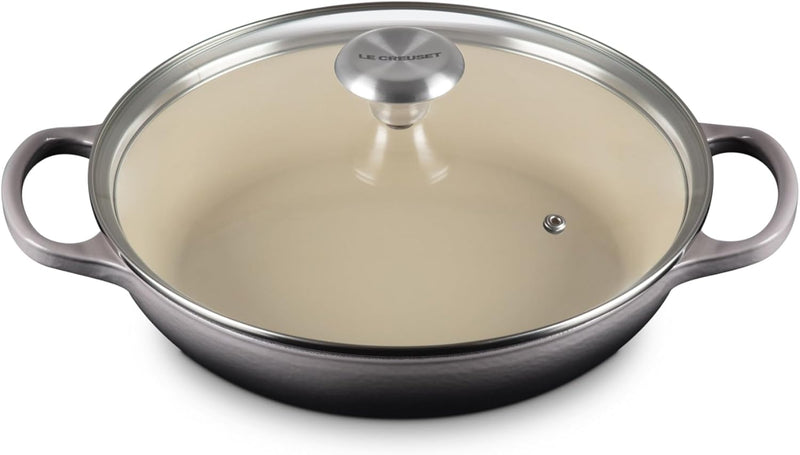 Le Creuset 2 1/4 Qt. Enameled Cast Iron Signature Round Braiser w/Glass Lid & Stainless Steel Knob - Oyster