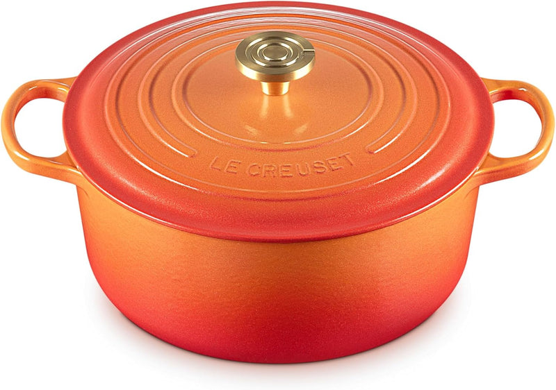 Le Creuset 7 1/4 Qt. Enameled Cast Iron Signature Round Dutch Oven w/Crucible Knob - Flamme Doree