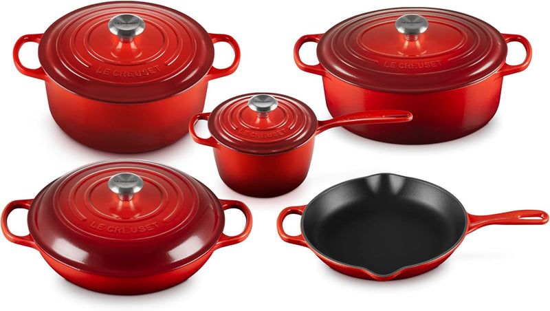 Le Creuset 9-Piece Signature Enameled Cast Iron Cookware Set w/Stainless Steel Knob - Cerise