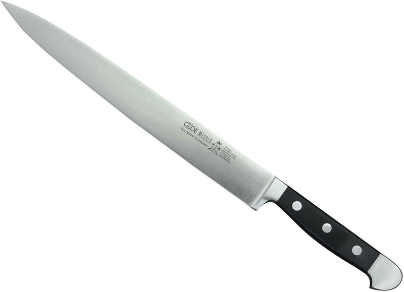 Güde Alpha Series - 10" Forged Double Bolster Slicing Knife, Black Hostaform Handle