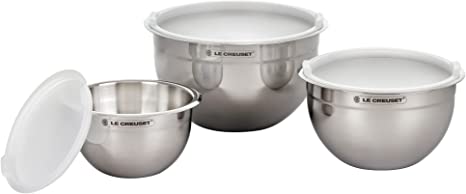 Le Creuset Set of 3 Nested Mixing Bowls w/Nonslip Silicone Base & Plastic Air Tight Lids - Stainless Steel