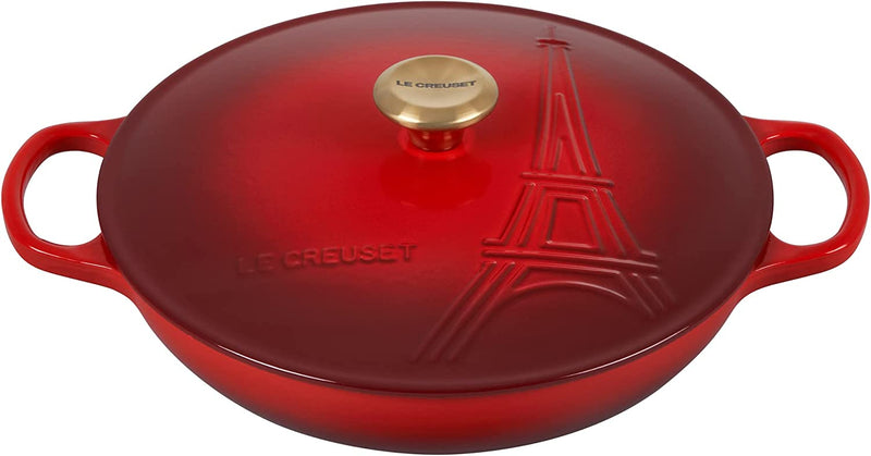 Le Creuset 3 1/2 Qt. Signature Braiser Eiffel Tower Embossed Lid & Gold Knob - Cerise