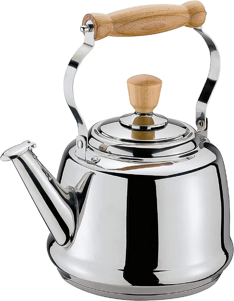 Cilio Tradition Stainless Steel Stovetop Kettle with Wooden Handles 2.6 Qt. - Silver