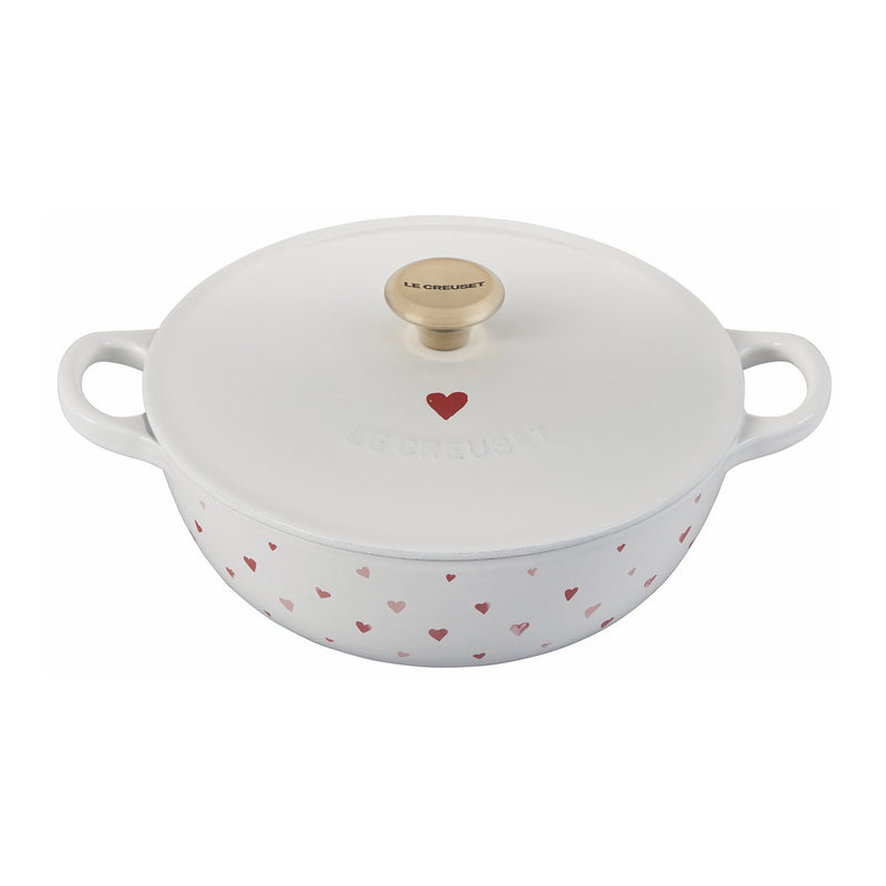 Le Creuset 2 3/4 Qt. L'Amour Enameled Cast Iron Soup Pot - White w/Heart Applique & Light Gold Knob