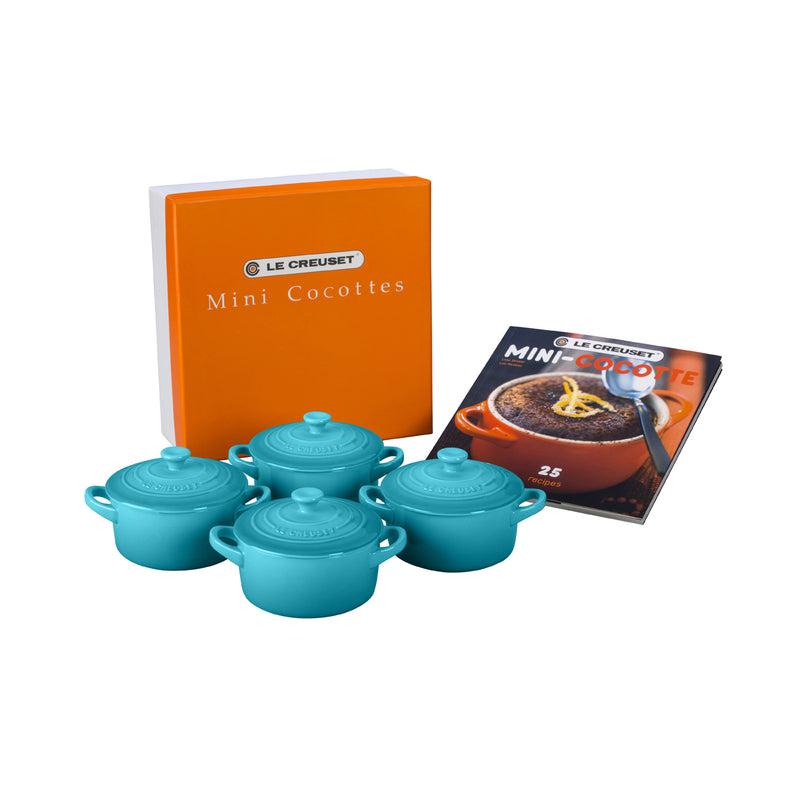 Le Creuset Set of 4 Mini Cocottes with Mini-Cocotte Cookbook (8 oz. each) - Caribbean