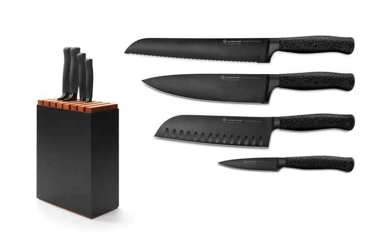 Wusthof Performer 5 Pc. Knife Block Set, Black Aluminum w/Wood Insert