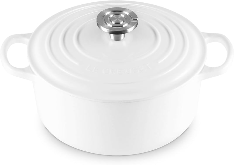 Le Creuset 4 1/2 Qt. Enameled Cast Iron Signature Round Dutch Oven w/Crucible SS Knob - White