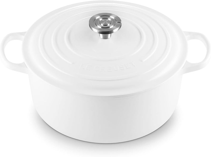 Le Creuset 7 1/4 Qt.  Enameled Cast Iron Signature Round Dutch Oven w/Crucible SS Knob - White