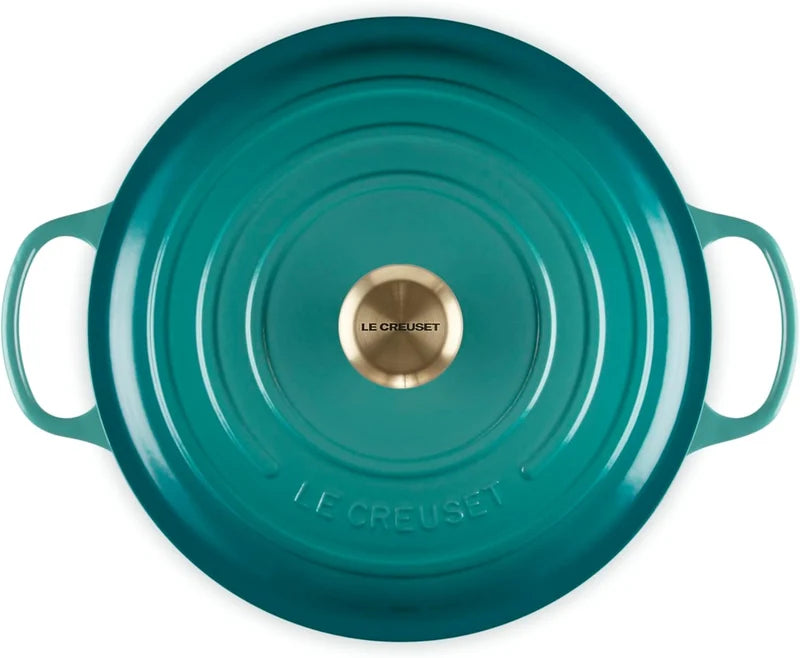 Le Creuset 7 1/4 Qt.  Enameled Cast Iron Signature Round Dutch Oven w/Light Gold Knob - Riviera- Personalized Engraving Available