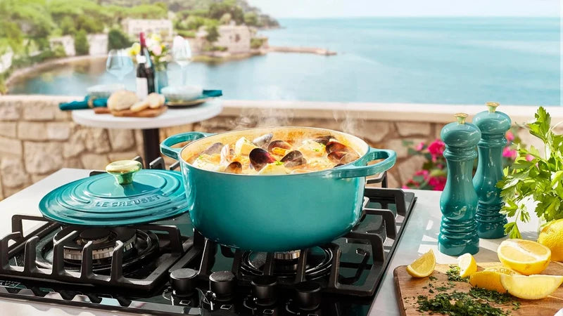 Le Creuset 7 1/4 Qt.  Enameled Cast Iron Signature Round Dutch Oven w/Light Gold Knob - Riviera- Personalized Engraving Available