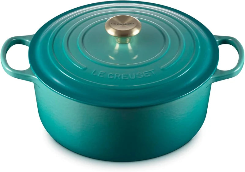 Le Creuset 7 1/4 Qt.  Enameled Cast Iron Signature Round Dutch Oven w/Light Gold Knob - Riviera- Personalized Engraving Available