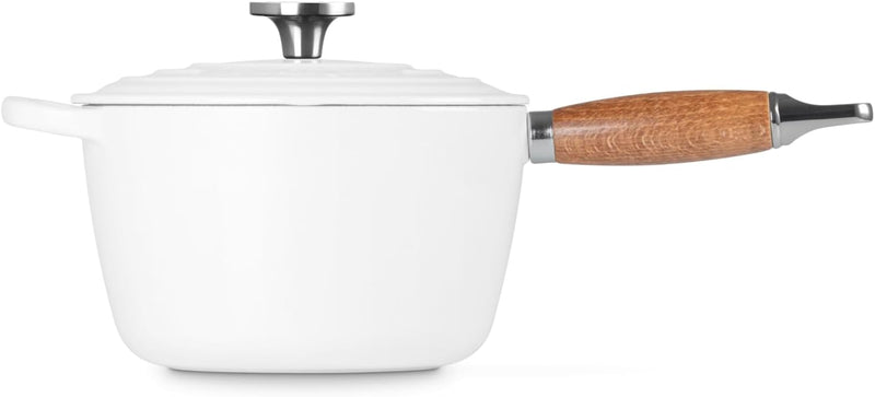 Le Creuset 2 1/4 Qt. Signature Round Enameled Cast Iron Alpine Wood Handle Saucepan w/Crucible SS Knob - White