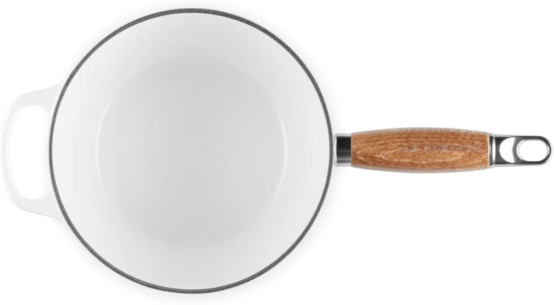 Le Creuset 2 1/4 Qt. Signature Round Enameled Cast Iron Alpine Wood Handle Saucepan w/Crucible SS Knob - White