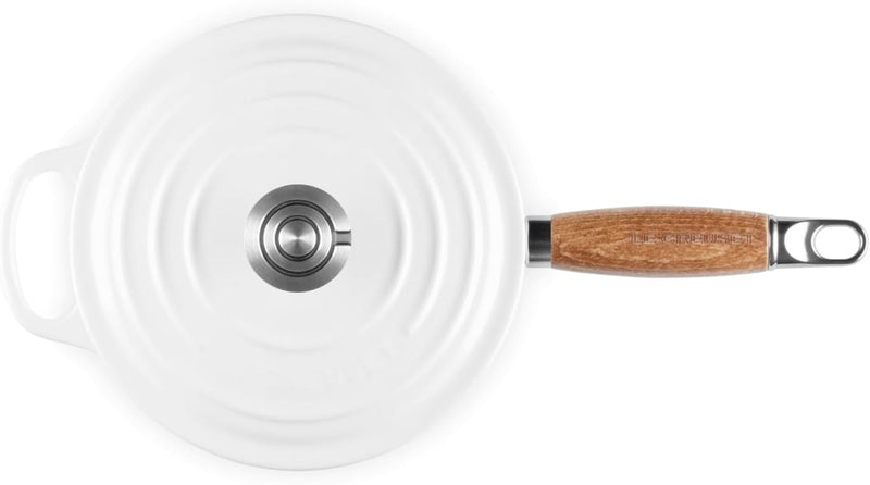 Le Creuset 2 1/4 Qt. Signature Round Enameled Cast Iron Alpine Wood Handle Saucepan w/Crucible SS Knob - White