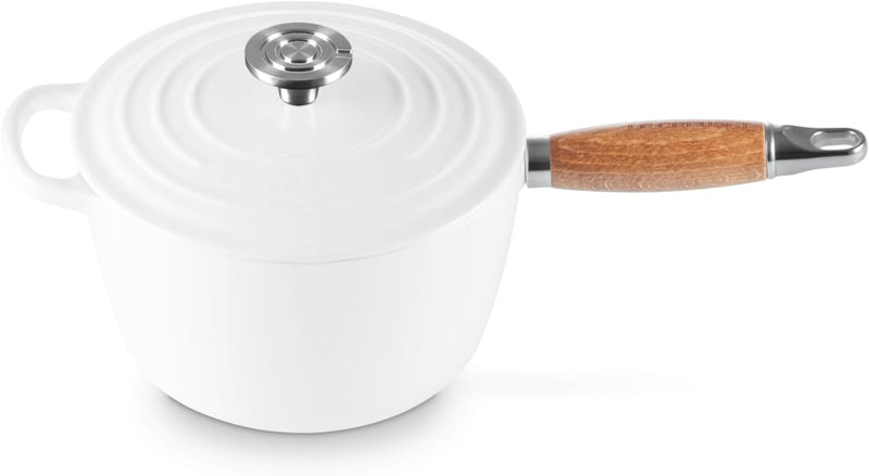 Le Creuset 2 1/4 Qt. Signature Round Enameled Cast Iron Alpine Wood Handle Saucepan w/Crucible SS Knob - White