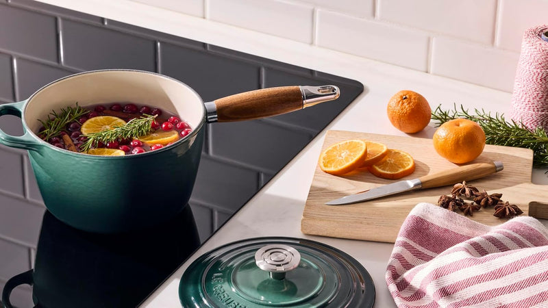 Le Creuset 2 1/4 Qt. Signature Round Enameled Cast Iron Alpine Wood Handle Saucepan w/Crucible SS Knob - White