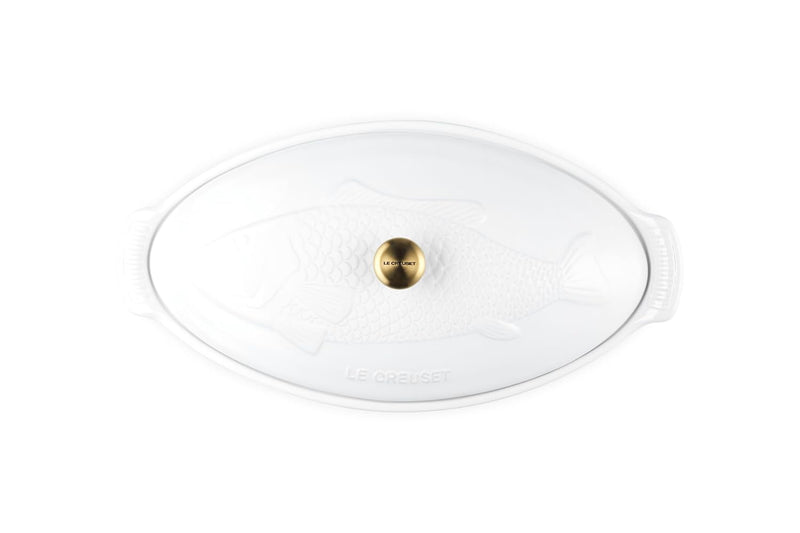 Le Creuset 1 7/10 Qt. Fish Baker w/Gold Knob - White