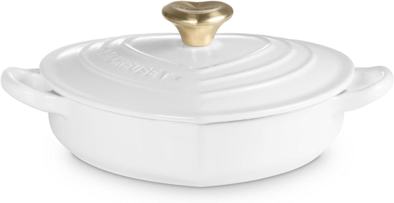 Le Creuset 1 1/4 Qt. Shallow Heart Cocotte w/Light Gold Heart Knob - White
