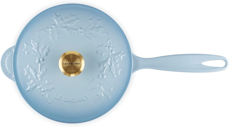 Le Creuset 2 1/4 Qt. Enameled Cast Iron Saucier w/Holly Embossed Lid & Gold Knob - Coastal Blue