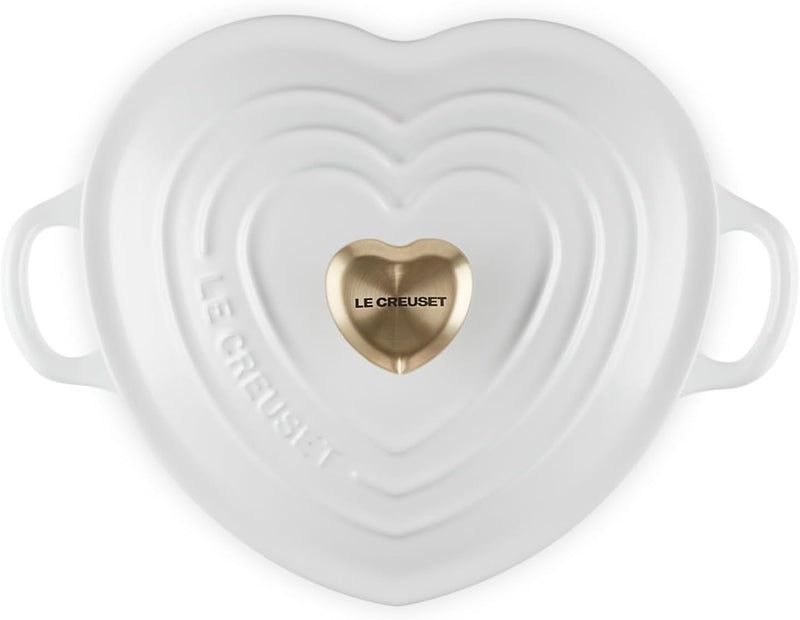 Le Creuset 1 1/4 Qt. Shallow Heart Cocotte w/Light Gold Heart Knob - White