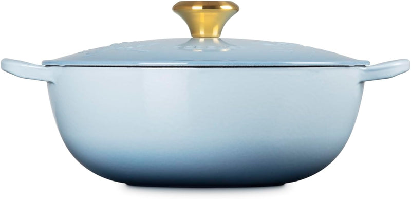Le Creuset 4 1/2 Qt. Enameled Cast Iron Round Chef's Oven w/Holly Embossed Lid & Gold Knob - Coastal Blue