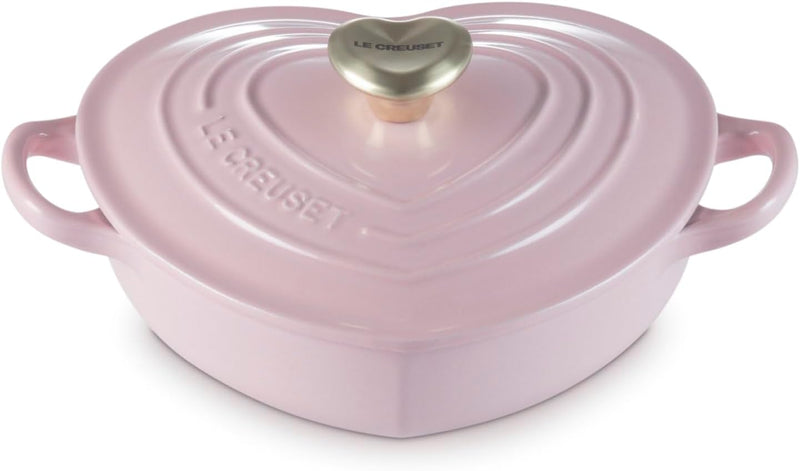 Le Creuset 1 1/4 Qt. Shallow Heart Cocotte w/Light Gold Heart Knob - Chiffon Pink