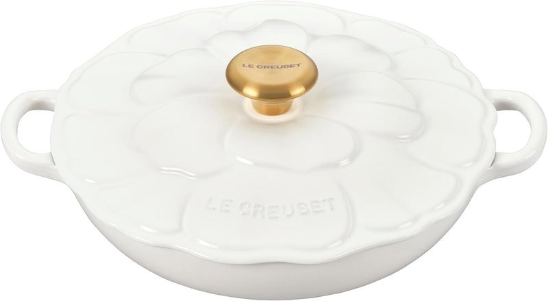 Le Creuset 2 1/4 Qt. Enameled Cast Iron Signature Petal Braiser w/Gold Knob - White