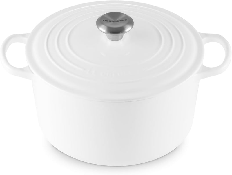 Le Creuset 6 1/2 Qt. Enameled Cast Iron Signature Deep Round Dutch Oven w/Stainless Steel Knob - White