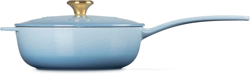 Le Creuset 2 1/4 Qt. Enameled Cast Iron Saucier w/Holly Embossed Lid & Gold Knob - Coastal Blue