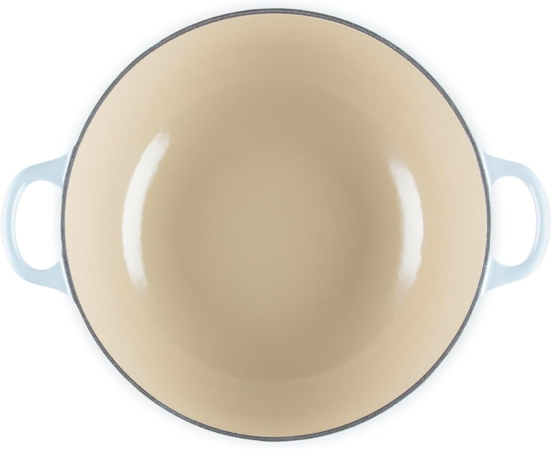 Le Creuset 4 1/2 Qt. Enameled Cast Iron Round Chef's Oven w/Holly Embossed Lid & Gold Knob - Coastal Blue