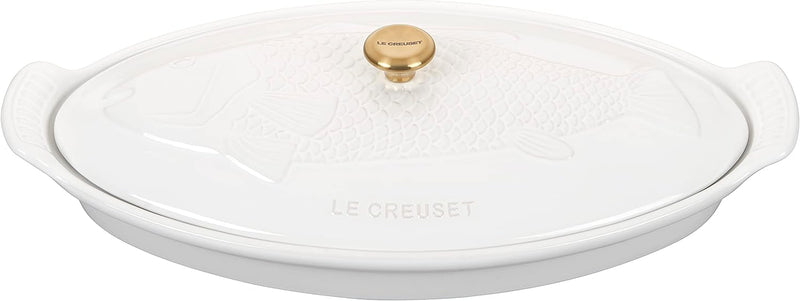 Le Creuset 1.7 Qt. Fish Baker w/Gold Knob - White