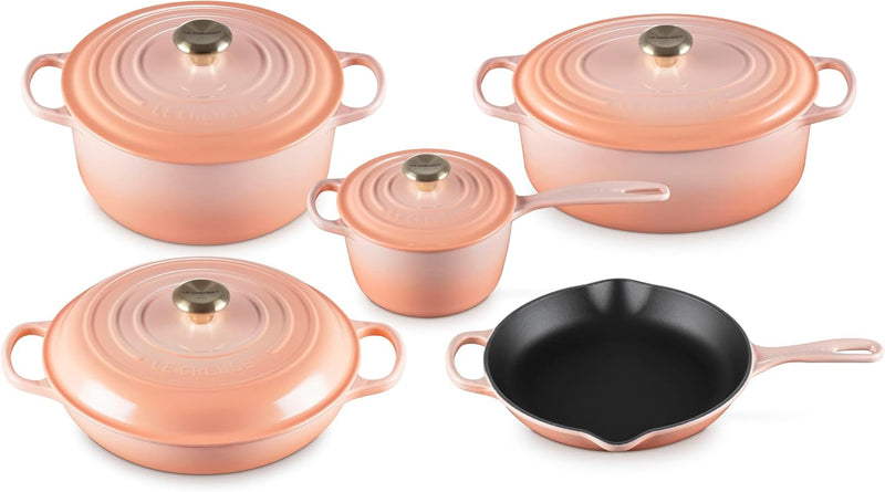 Le Creuset 9-Piece Signature Enameled Cast Iron Cookware Set w/Light Gold Knob - Peche