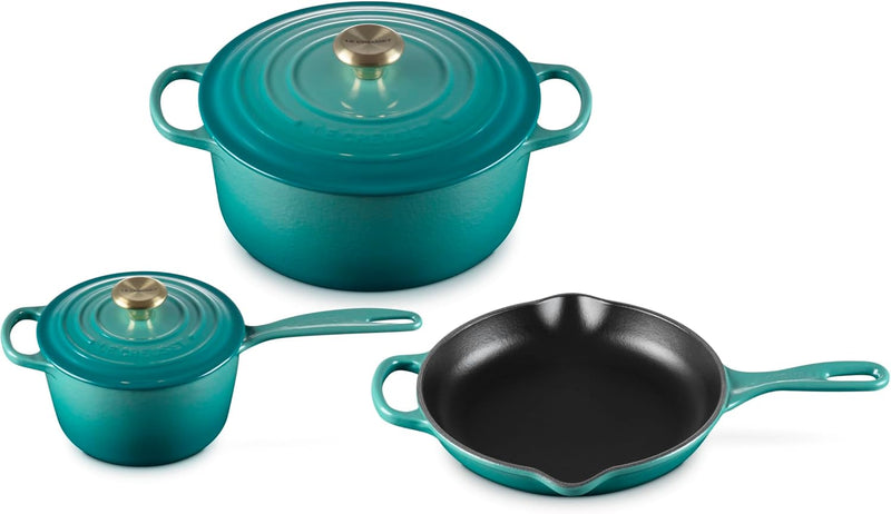 Le Creuset 5-Piece Signature Enameled Cast Iron Cookware Set w/Light Gold Knob - Riviera