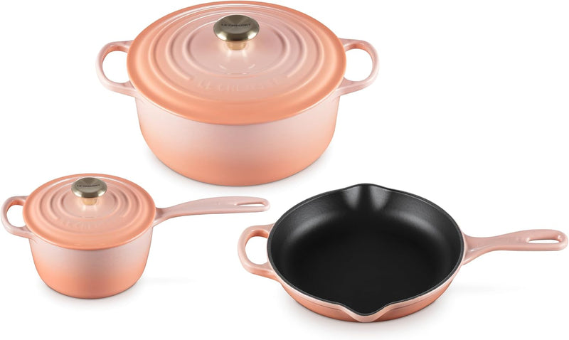 Le Creuset 5-Piece Signature Enameled Cast Iron Cookware Set w/Light Gold Knob - Peche
