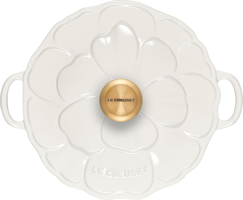 Le Creuset 2 1/4 Qt. Enameled Cast Iron Signature Petal Braiser w/Gold Knob - White