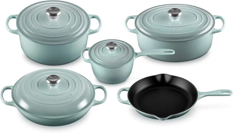 Le Creuset 9-Piece Signature Enameled Cast Iron Cookware Set w/Stainless Steel Knob - Sea Salt