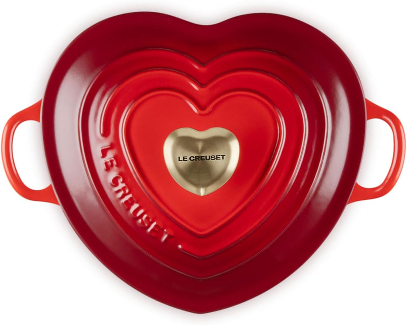 Le Creuset 1 1/4 Qt. Shallow Heart Cocotte w/Light Gold Heart Knob - Cerise