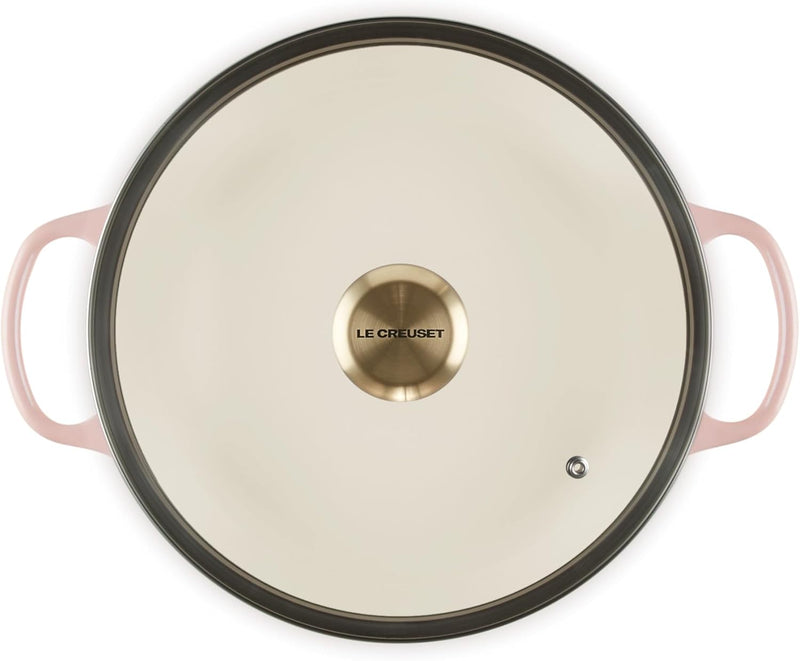Le Creuset 2 1/4 Qt. Enameled Cast Iron Signature Round Braiser w/Glass Lid & Light Gold Knob - Peche