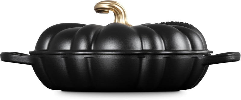 Le Creuset 2 3/4 Qt. Signature Enameled Cast Iron Figural Pumpkin Braiser w/Figural Gold Knob - Licorice